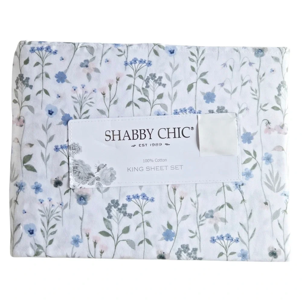 Shabby Chic 4pc Cottagecore Multi Floral Cotton King Sheet‎ Set White Background